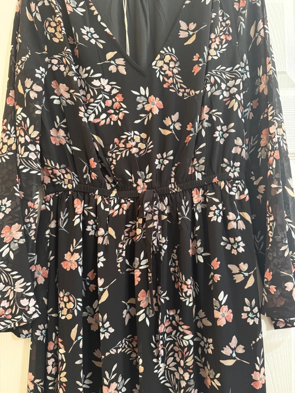 lovestitch Black Floral V-Neck Long Sleeve Dress with Pink Flowers - Picture 2 of 8